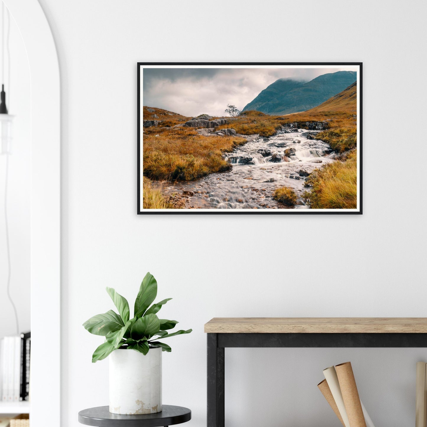 Dramatic framed print of Glencoe Valley stream and mountains