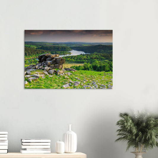 Canvas print of Leather Tor overlooking Burrator Reservoir in Dartmoor National Park.