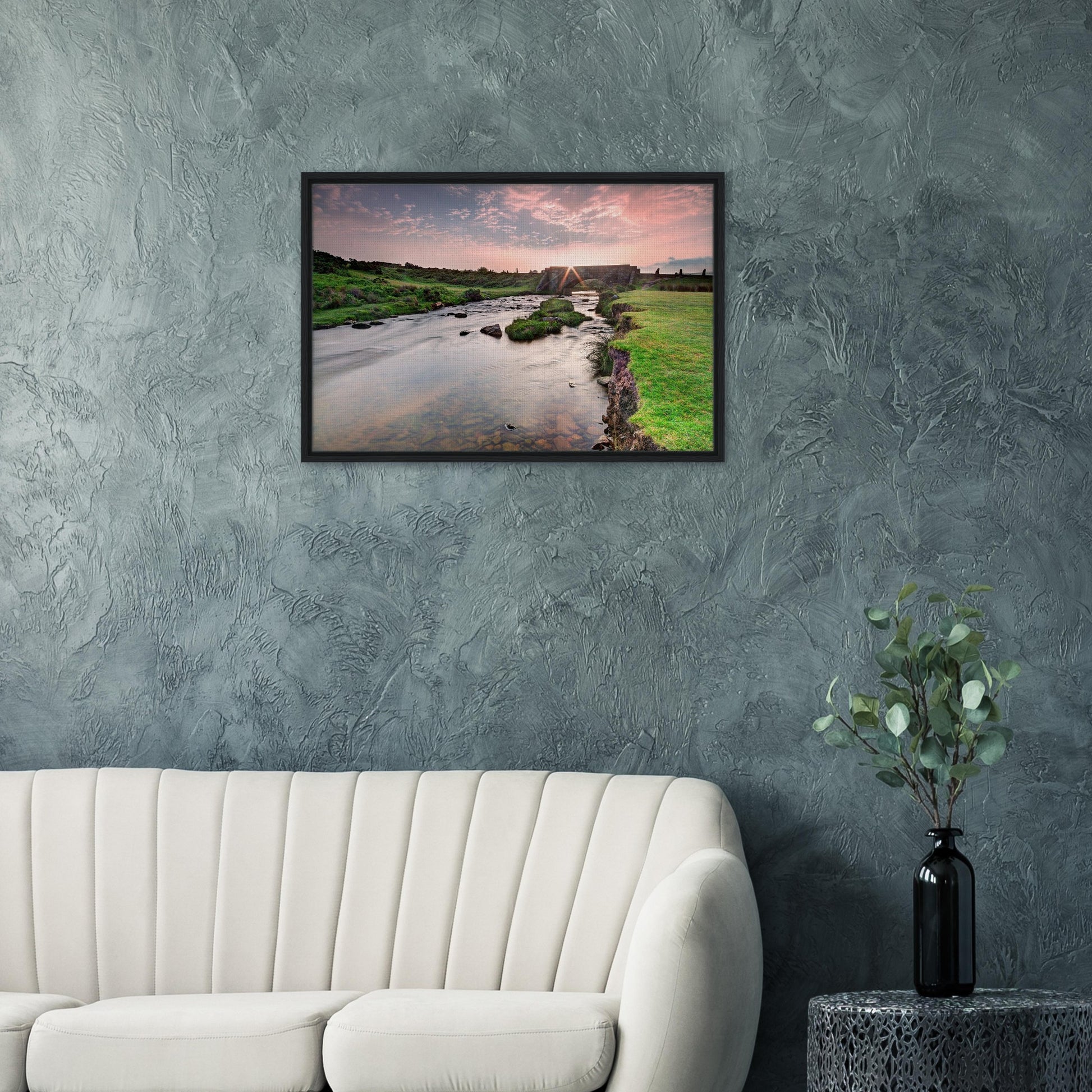 Framed artwork of golden sunrise at Cadover Bridge in Devon