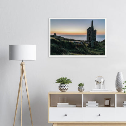 Scenic framed print of Wheal Owles at sunset in Cornwall