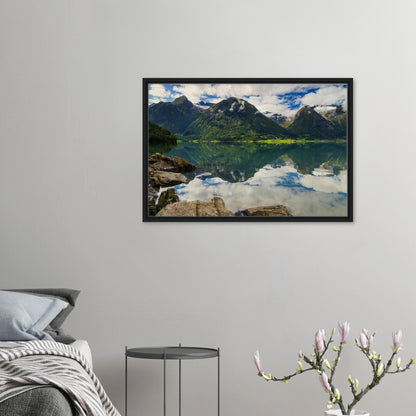 Framed canvas of Strynevatnet Lake with perfect sky reflection