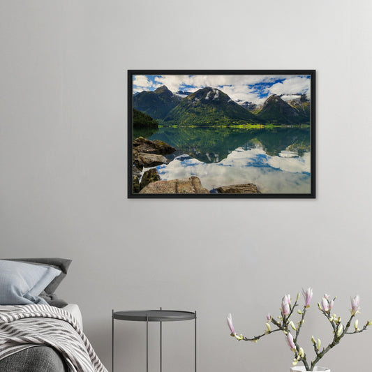 Framed canvas of Strynevatnet Lake with perfect sky reflection