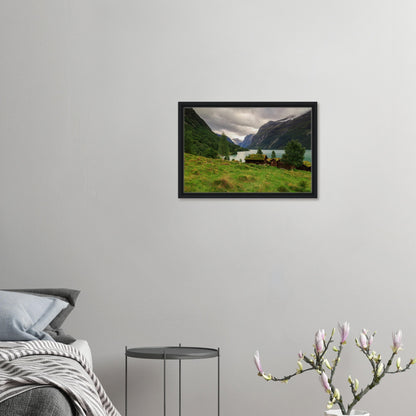 Serene lake and cabins in Norwegian valley wall art