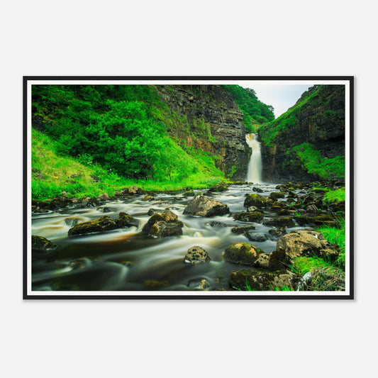 Cascading waterfall at Lealt Falls framed wall art