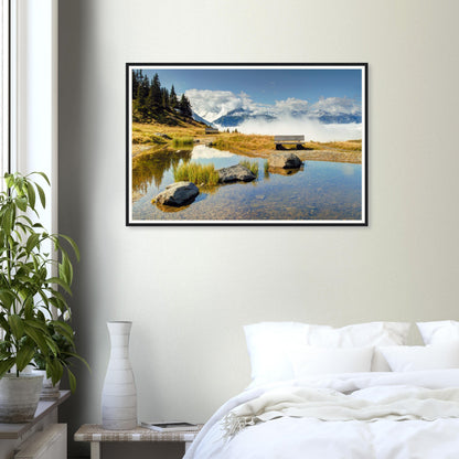 Peaceful alpine framed print of Panoramabahn with clouds and peaks