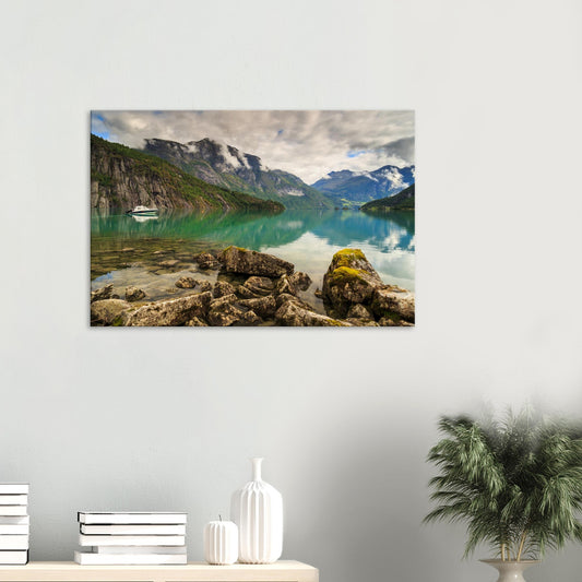 Canvas print of Strynevatnet Lake in Norway with mist-shrouded cliffs reflecting on crystalline waters