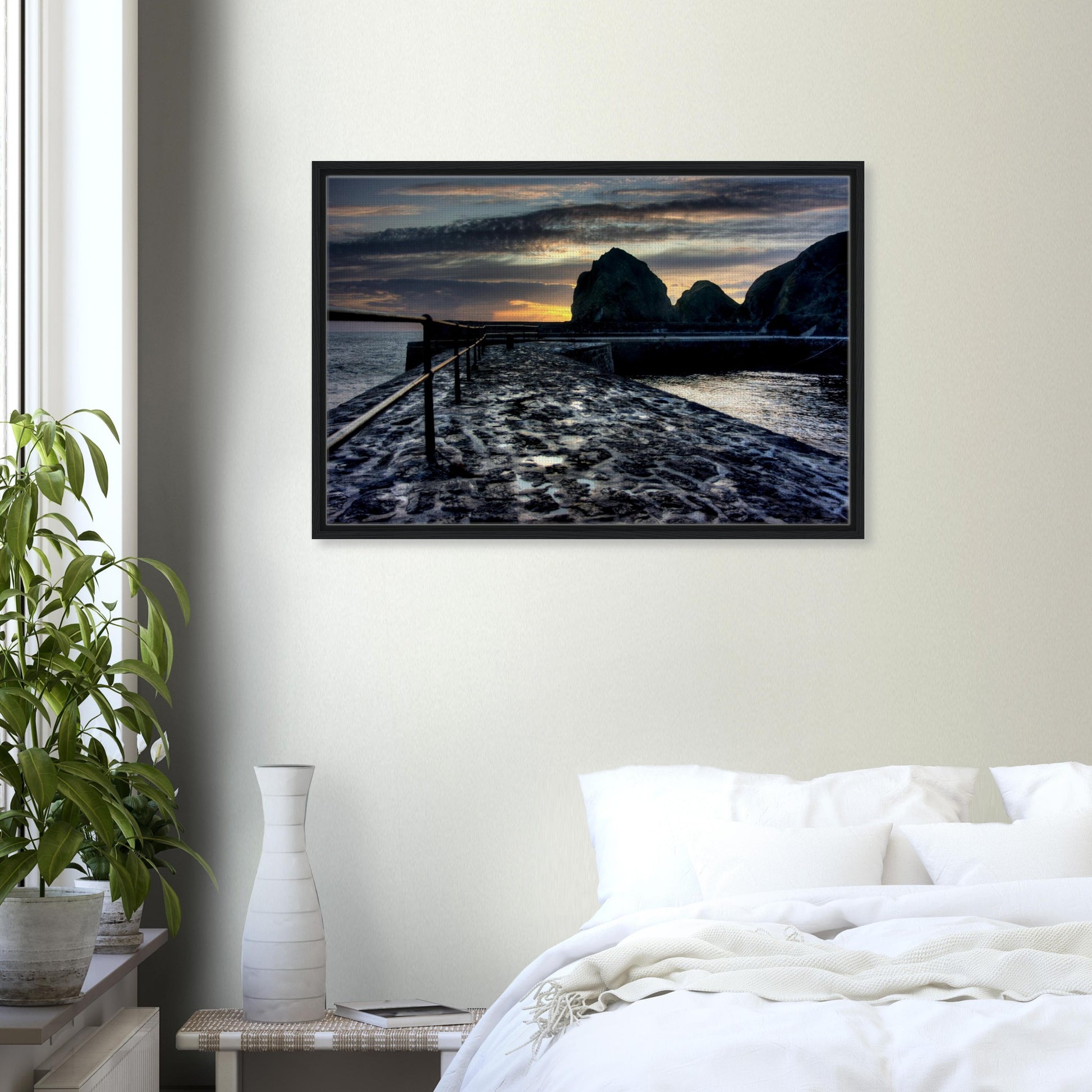Seaside wall art of Mullion Cove slipway and fading sun