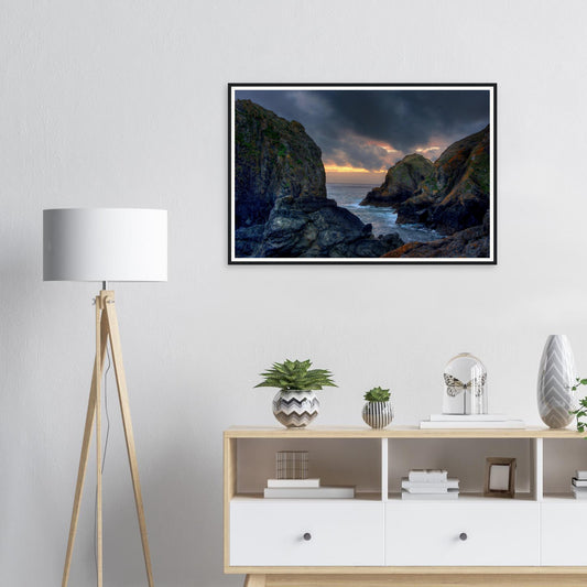 Framed print of Mullion Cove in Cornwall at sunset