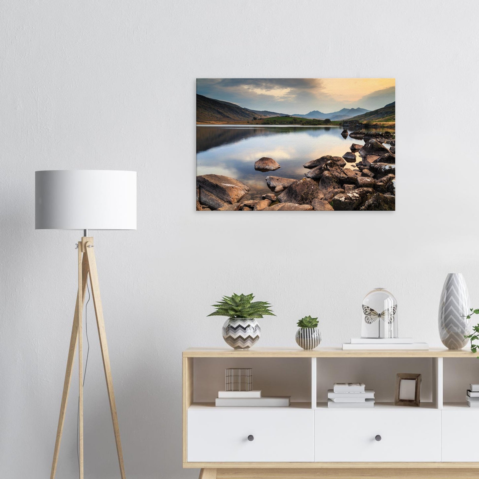 Canvas print depicting the calm of dusk with glowing sky and reflective waters in Snowdonia