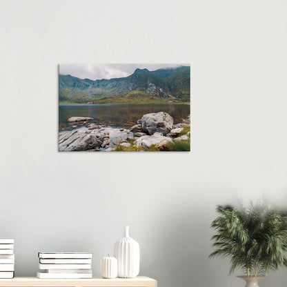 Reflective lake and mountain scene at Llyn Idwal wall art