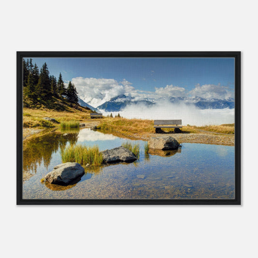 Peaceful mountain bench overlooking pond in Austrian Alps print