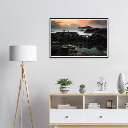 Framed print of Godrevy Lighthouse in Cornwall at golden hour