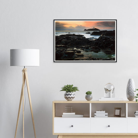 Framed print of Godrevy Lighthouse in Cornwall at golden hour