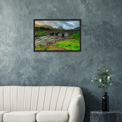 Framed canvas of Scottish moor, river, and Sligachan arches