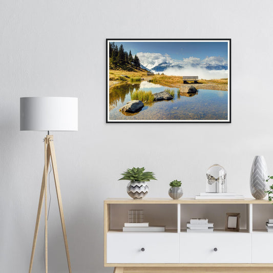 Framed print of Panoramabahn in Austria with pond and bench