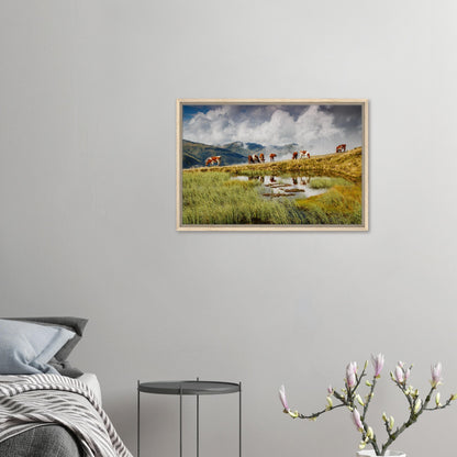 Resterhöhe framed canvas with cattle and misty mountains