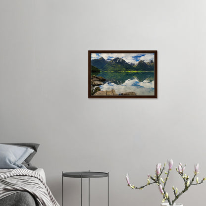 Landscape print of Norway with calm lake and rocky foreground