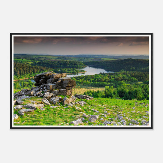 Scenic Dartmoor framed wall art of Leather Tor and Burrator lake