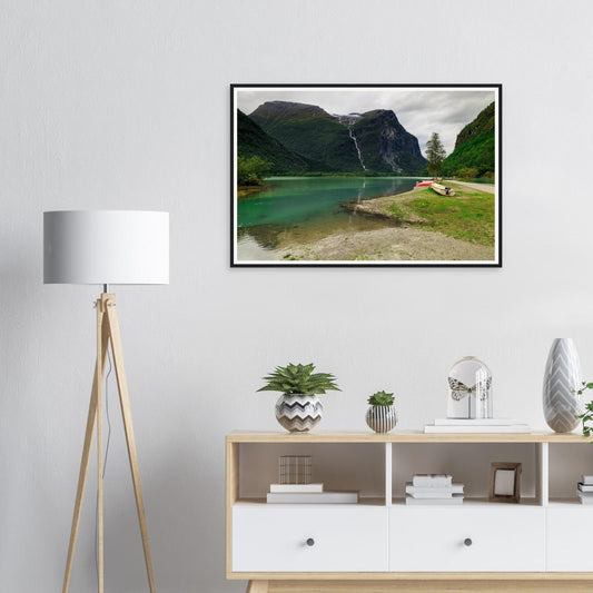 Framed print of Mount Ramnefjell and Utigardsfossen Waterfall in Norway