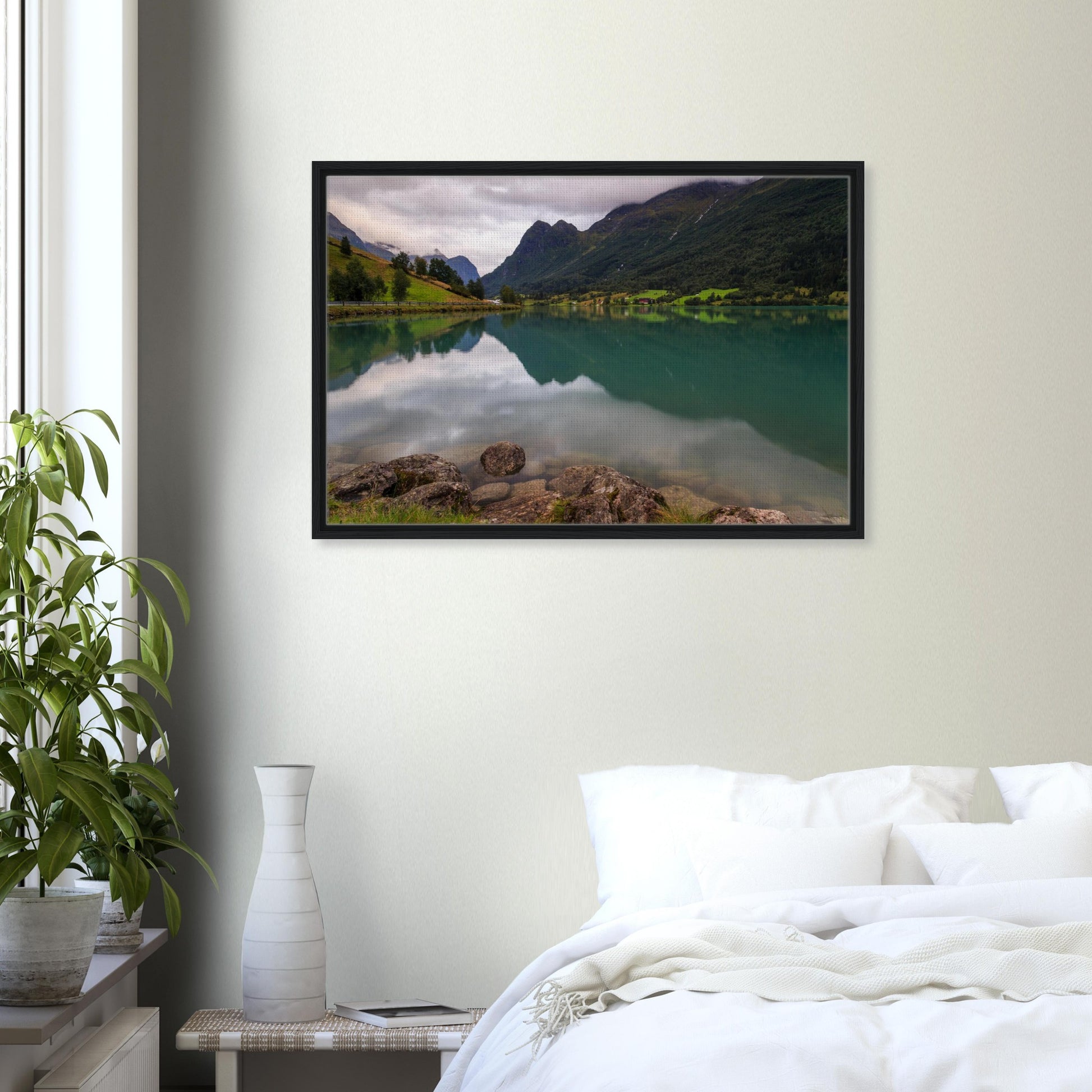 Framed canvas of mountain valley lake in peaceful Norway