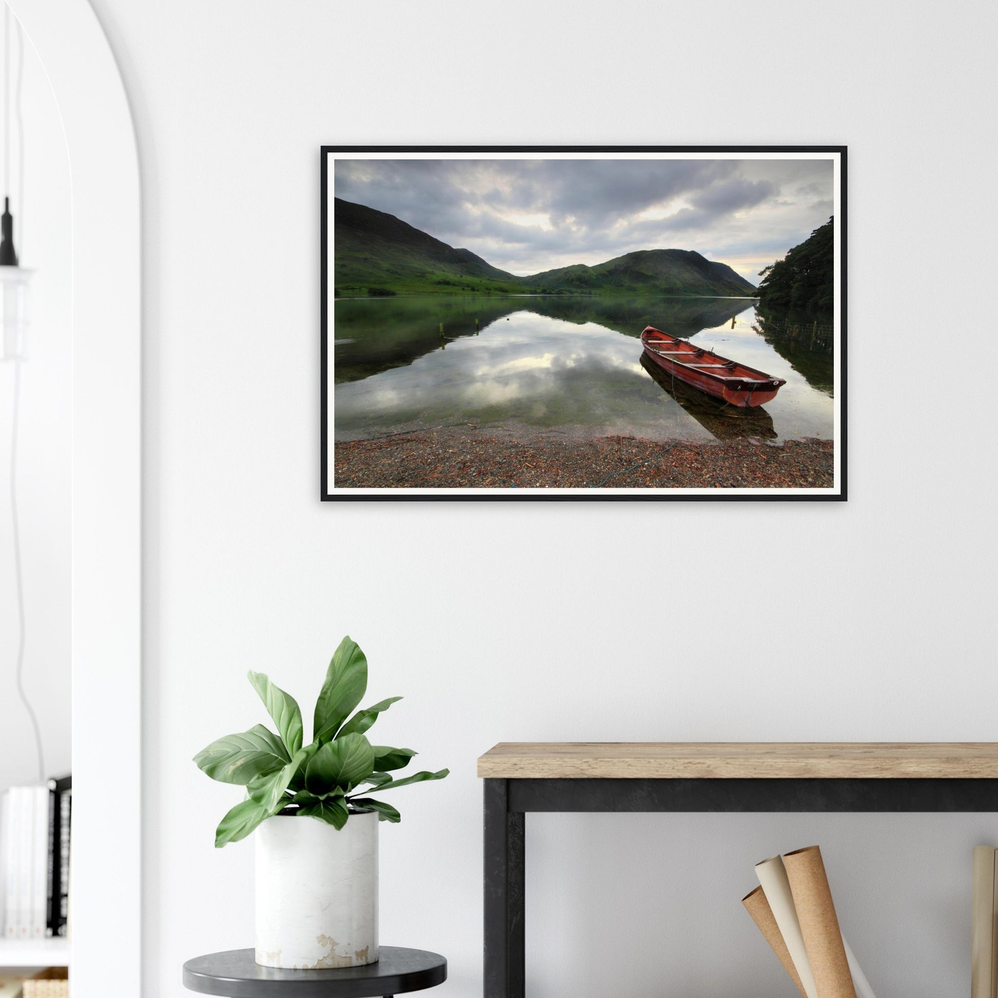 Lake District framed wall art featuring Crummock Water and red boat