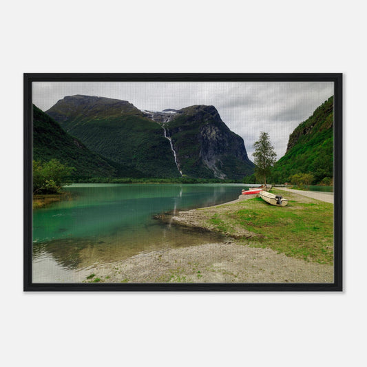 Norwegian mountain landscape with waterfall and boats in print
