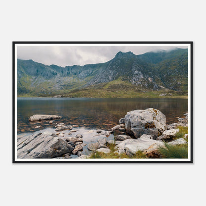 Scenic framed wall art of Llyn Idwal reflecting Welsh mountains