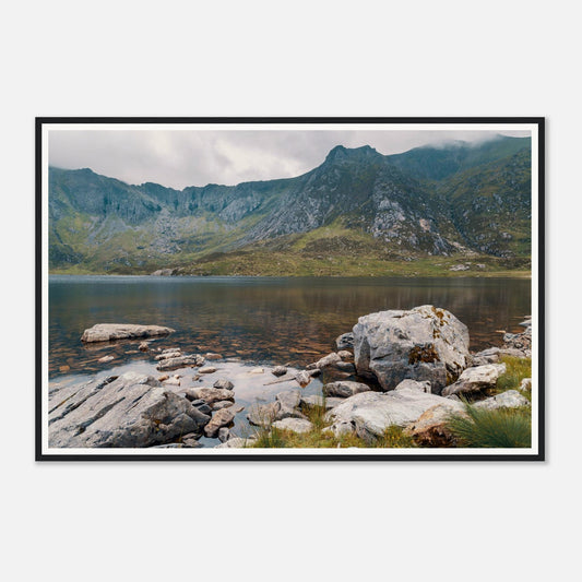 Scenic framed wall art of Llyn Idwal reflecting Welsh mountains