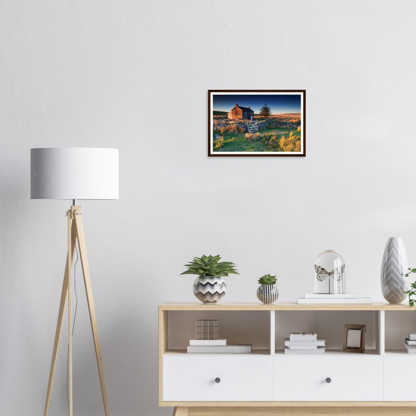 Historic stone farmhouse at Nun’s Cross in sunrise framed print