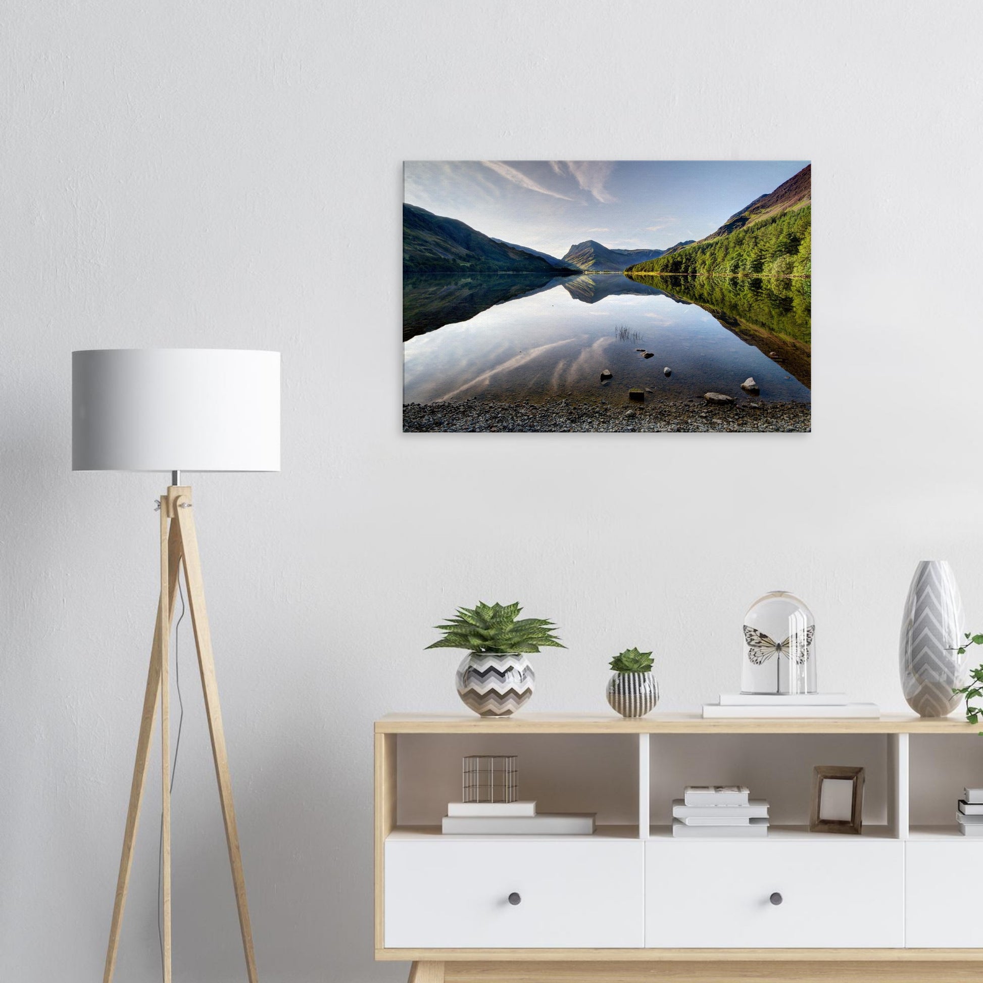 Lake District canvas print of Buttermere with still water, crisp reflections of sky and mountains, and soft morning illumination.