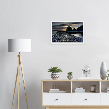 Evocative seascape framed print of Mullion Cove in evening light