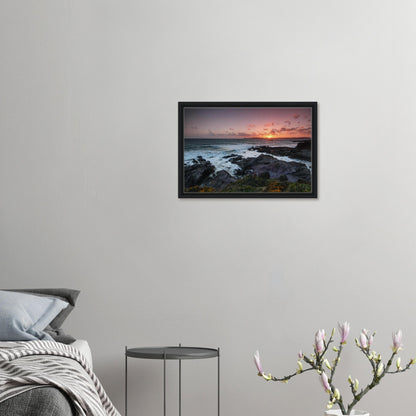 Sunset sky and silhouetted rocks at Heybrook Bay in canvas print