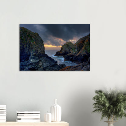 Mullion Cove canvas print with sunset glow on rugged cliffs