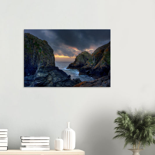 Mullion Cove canvas print with sunset glow on rugged cliffs