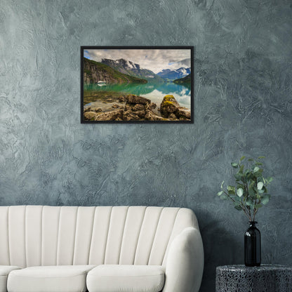 Nordic lake scene with solitude and beauty in framed print