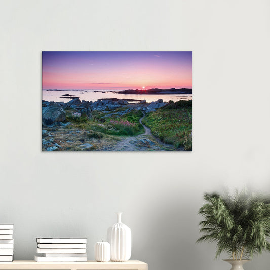 Canvas print of Lihou Island at sunset, with glowing tide pools, wildflowers, and a winding footpath under a radiant sky.