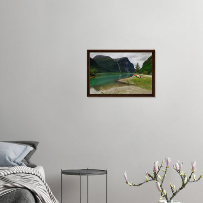 Mountain and waterfall in scenic Norway landscape artwork