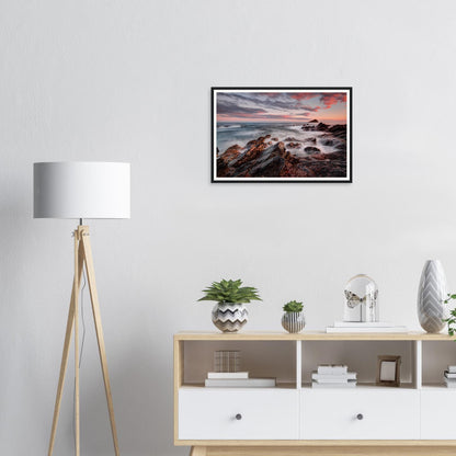 Framed print of the Mewstone viewed from Wembury Beach at dusk