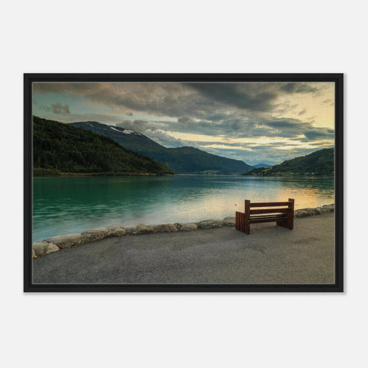 Peaceful Norwegian fjord landscape with lone bench in wall art