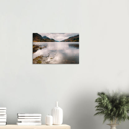Peaceful Loch Shiel scene with weathered branch on shore