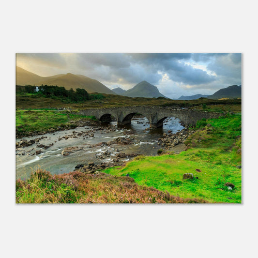 Canvas print capturing the charm of Sligachan Old Bridge set in the wild, natural beauty of the Isle of Skye.