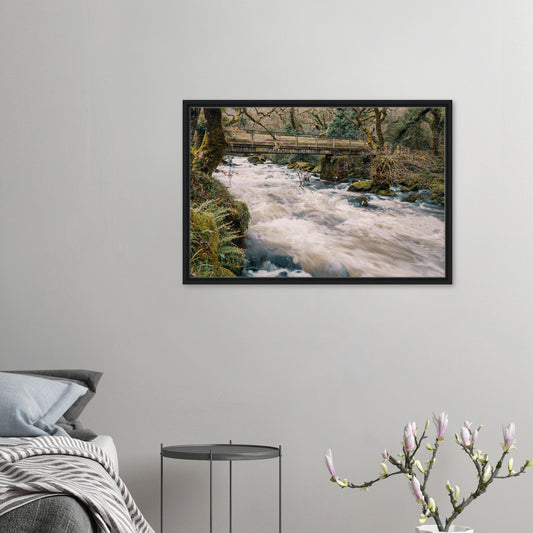 Framed canvas of River Plym under wooden bridge