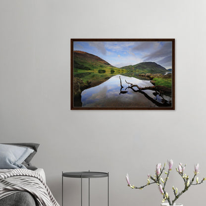 Tranquil Lake District scene with mirrored sky and branch