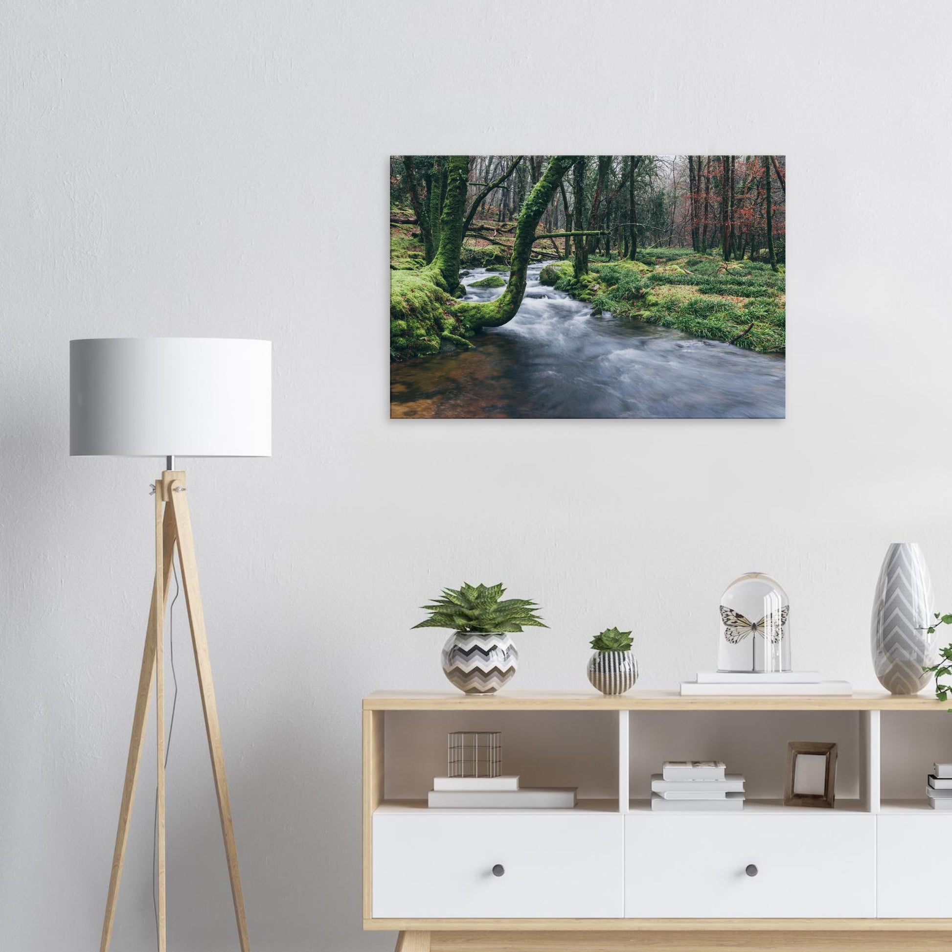 Dartmoor river print showing harmony between flowing water and still woodland