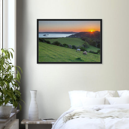 Peaceful end of day on Devon hillside framed canvas