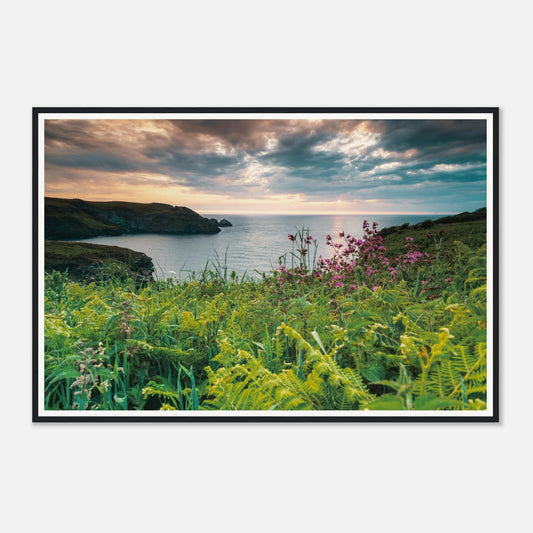 Scenic framed wall art of Trethevy Tintagel coastline sunset