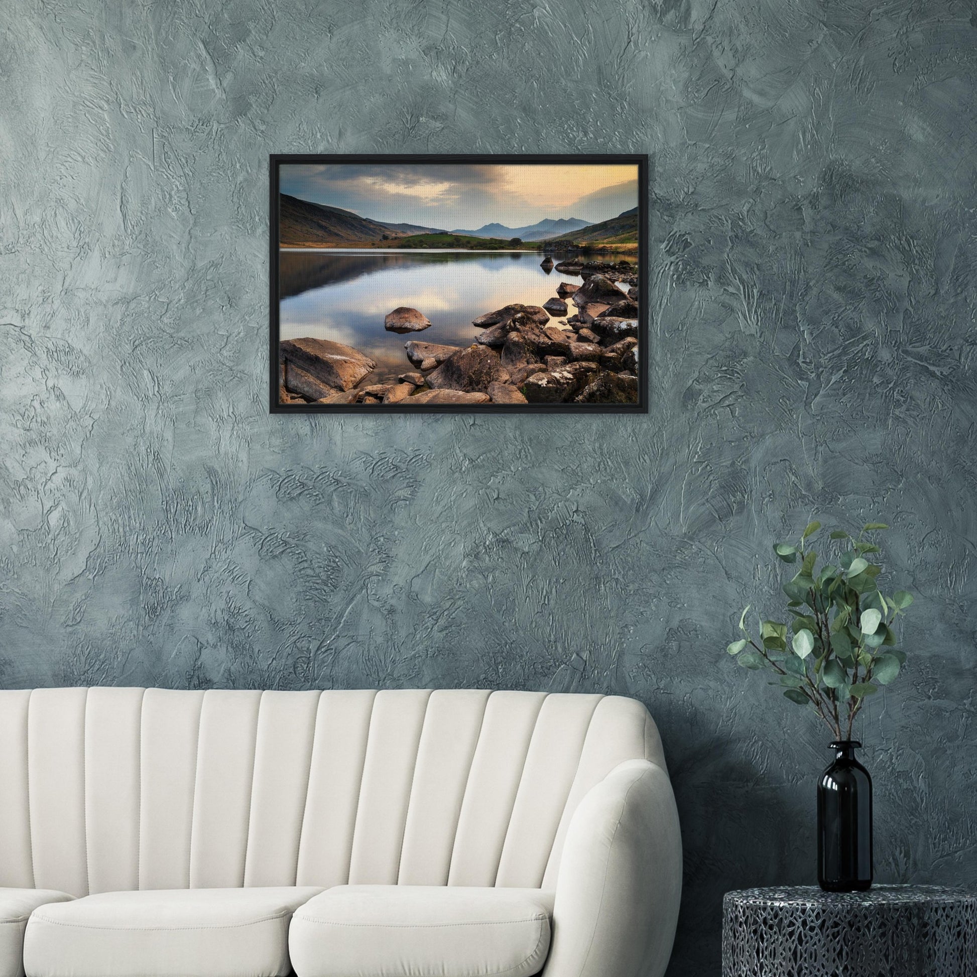 Framed canvas of Llynnau Mymbyr’s peaceful sunset moment