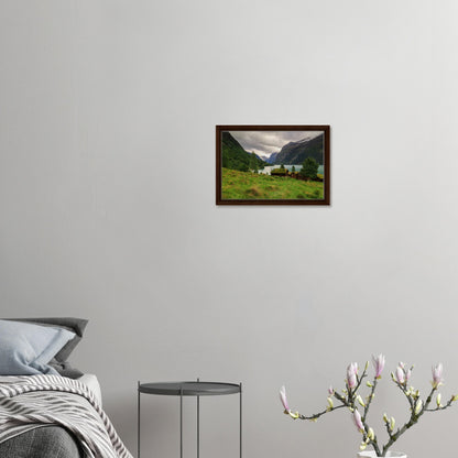 Vivid green meadows and blue waters in Lodalen framed print