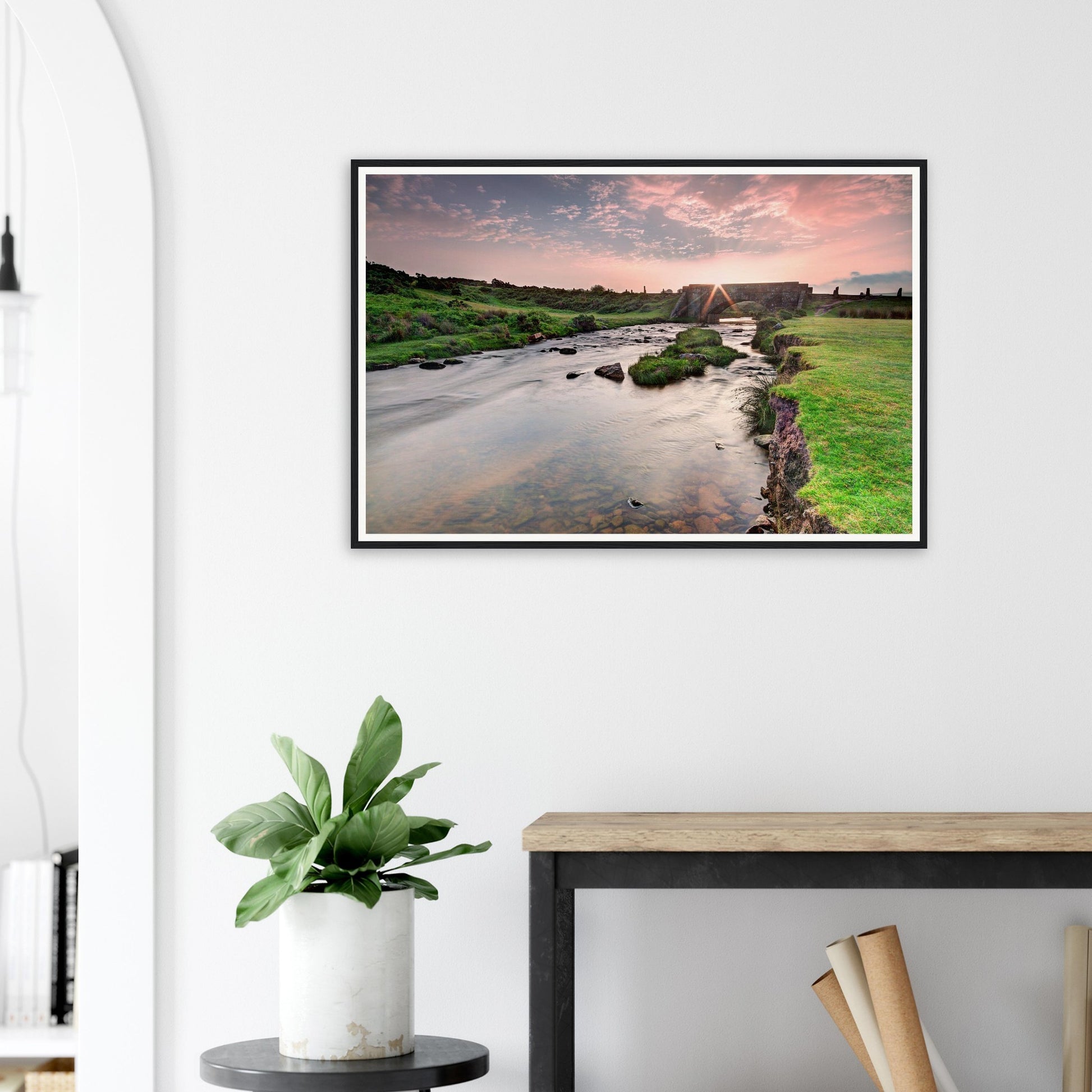 Framed print of Dartmoor sunrise with historic stone bridge