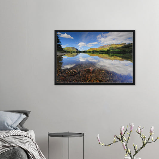 Framed canvas print of Buttermere Lake with crystal-clear water